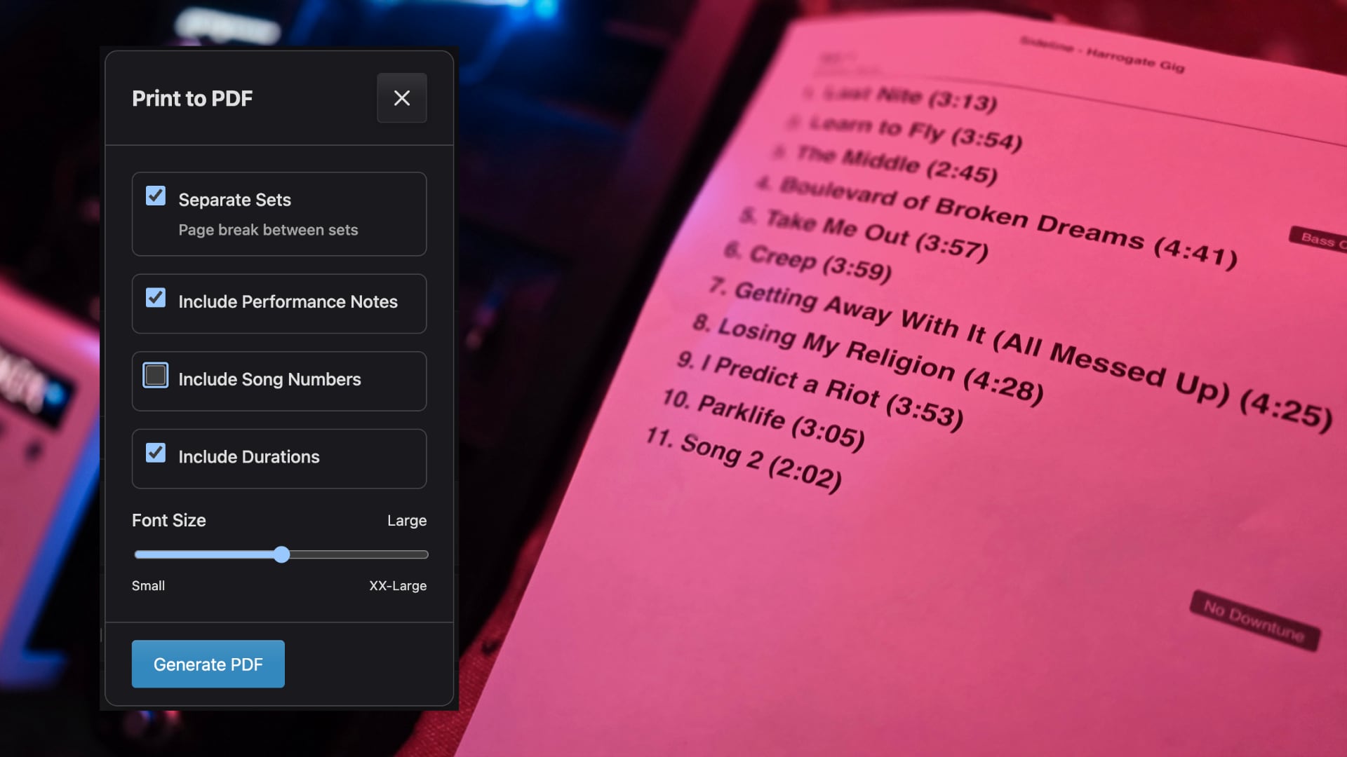 Print-ready setlists