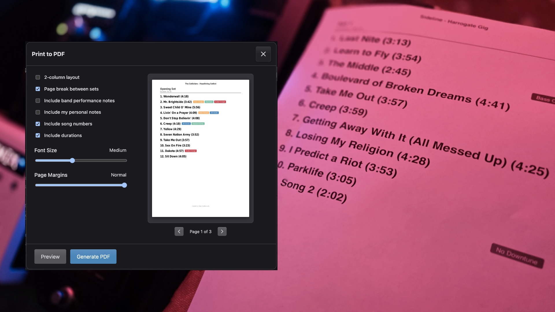 Print-ready setlists