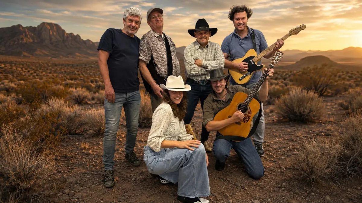 Desert Candy Band group photo in a western US desert at sunset
